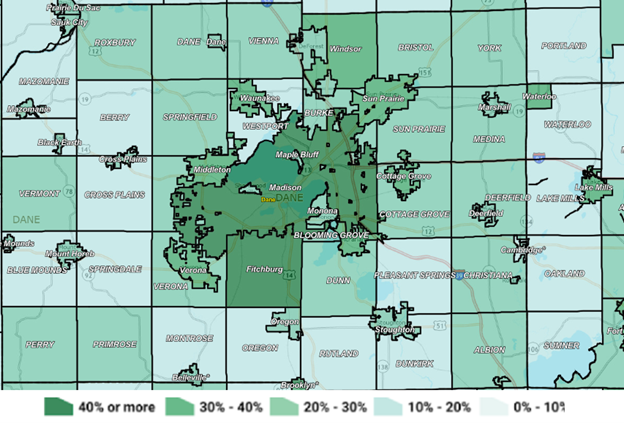 Map of non-drivers in Dane County by town, village or city